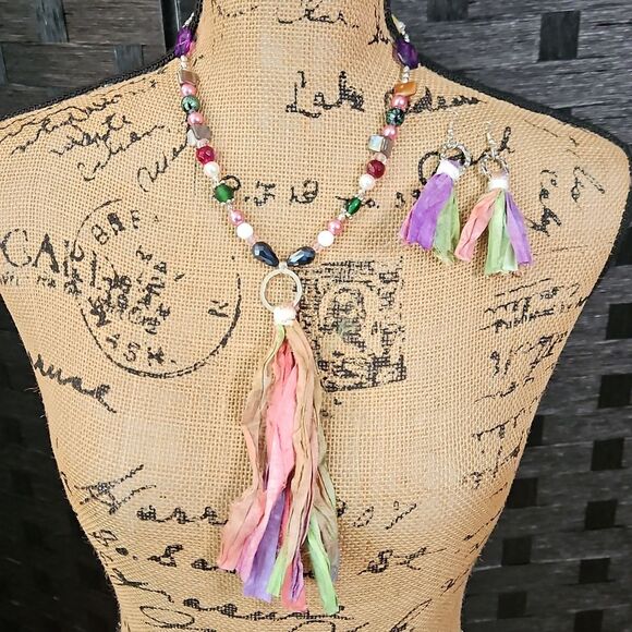 Colorful Silk Boho Tassel Necklace & Earrings Jewelry Set - Picture 1 of 6